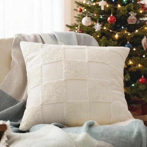 Double Stitch 100% Cotton Tufted Boho Checkered Throw Pillow Covers, Cream - color: Cream, size: 20" x 20" (Pack of 1)