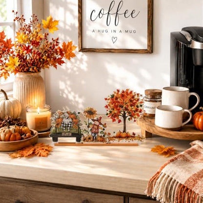 Smile Fall Thanksgiving Halloween Wooden Standing Decor, Truck Pumpkin Scarecrow Sunflower Tiered Tray Signs with Stands for Rustic Farmhouse Home Decor - style: Fall Scarecrow