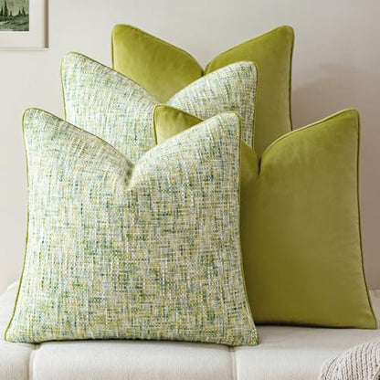 a moment Green 4 Pack Throw Pillow Covers - Chenille & Velvet Set with Piping, Farmhouse Textured Design Pillow Cases for Couch Sofa Bed Livingroom (22x22 Inch, No Insert) - color: Green, size: 22" x 22" (Pack of 4)