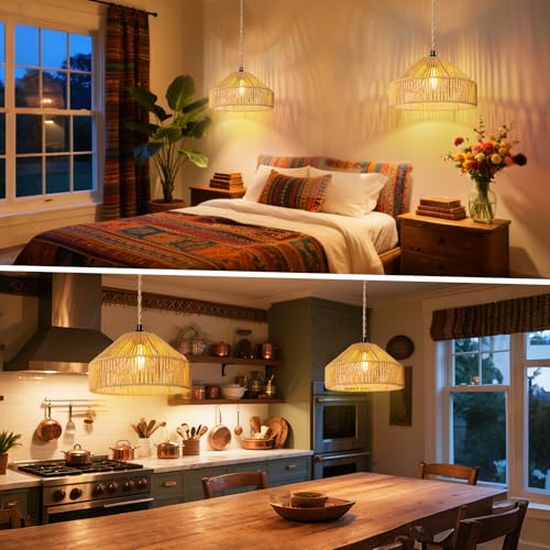 Maliralt Hanging Lamps Rattan Pendant Light Hanging Lights 16.4ft Plug in Cord Pendant Light Fixture Plug Into Wall Outlet Pendant Lighting with On Off Switch for Bedroom Living (Mongolian Yurt) - size: 12.8 Inch - Mongolian Yurt