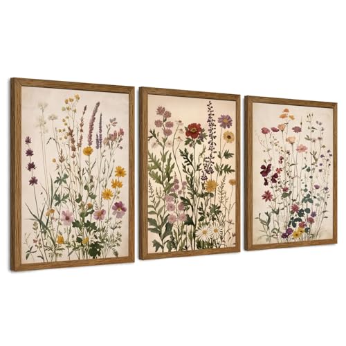 WRFON Botanical and Flower Canvas Wall Art, Framed Wildflower Wall Art Set of 3, Vintage Meadow Flower Canvas Prints, Cottagecore Floral Decor for Living Room Bedroom Bathroom Farmhouse Home, 16x24 - color: Vintage Wildflower(Framed), size: 24"L x 16"W
