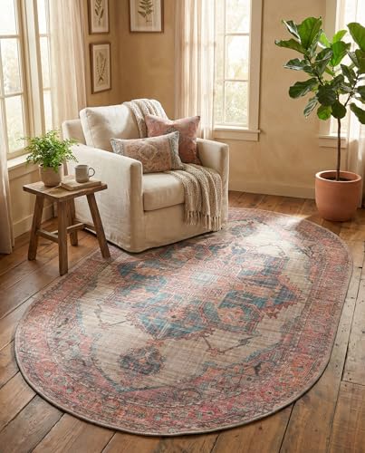 Rugs.com Nostalgia Collection Washable Rug – 5' 3 x 8' Oval Antique Beige Flatweave Rug Perfect for Living Rooms, Large Dining Rooms, Open Floorplans - size: 5'3" x 8' (Oval)
