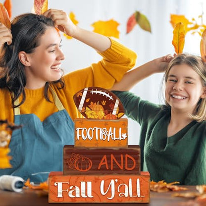 4 Pcs Fall Football Table Decor Football Wooden Blocks Signs with Sayings - style: Football