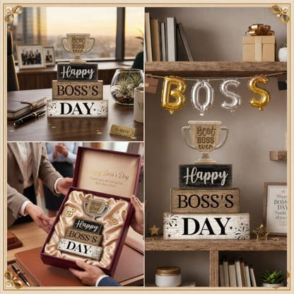 Moucuny 4 Pcs Boss Day Table Decorations Rustic Trophy Wooden Blocks Decor - style: Happy Boss’s Day