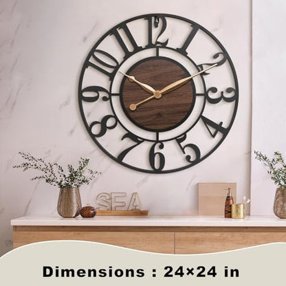 24 Inch Black Arabic Numeral Large Wall Clock with Walnut Dial - color: Brown, size: 24 Inch