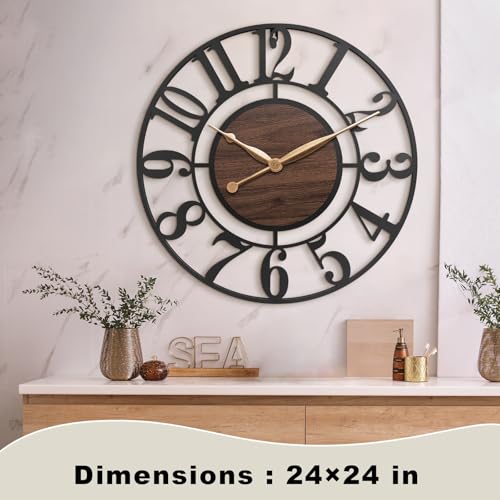 24 Inch Black Arabic Numeral Large Wall Clock with Walnut Dial - color: Brown, size: 24 Inch