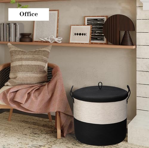 21" x 18"Extra Large storage baskets,Eco-friendly rope baskets with lid,blanket basket living room with lid,hampers for bedroom,big,round, Black 115L - color: White & Black