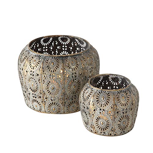 2 Piece Daisy Hurricane Lantern Set, Distressed Gold