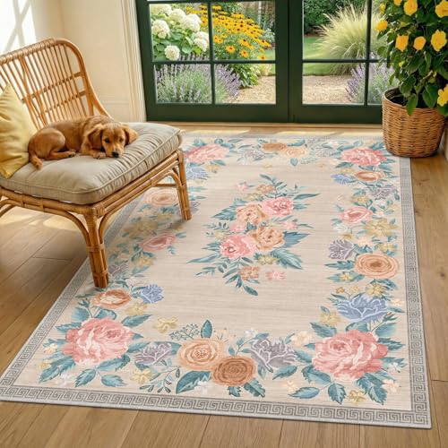 Entryway Kitchen 4x6 Washable Non-Slip Soft Beige Vintage Floral French Country Cottagecore Carpet, Warm Pastel Rose Botanical Border Cottagecore Carpet, Low Profile Mat for Living Room Bedroom - color: Warm Beige, size: 4' x 6' (Rectangular)