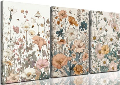 CHTEXA Boho Wildflower Canvas Wall Art, 3 Piece Gallery Wrapped Set, 12x16 - color: plants and flowers-2, size: 12x16 inch