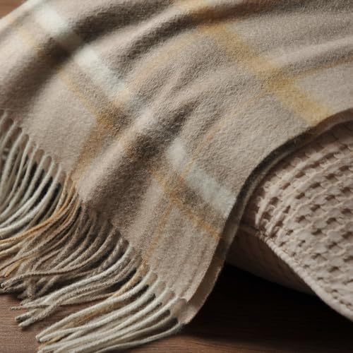 EP Mode 100% Pure Cashmere Throw Blanket for Sofa, Beige Border - color: Beige Border