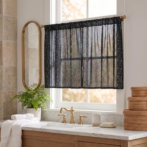 Horaldaily 2Pcs Black Tier Curtains 52x36in, Silver Sequin Star, Halloween - color: Black and Sliver, size: 52"W x 36"L (Pack of 2)