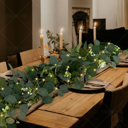 Eucalyptus Garland with Lights, 2 Packs 6FT Artificial Lighted Garland, Spring Summer Green Faux Garlands for Indoor Outdoor Home Decor Table Runner Wedding Arches Centerpieces Backdrops Decor