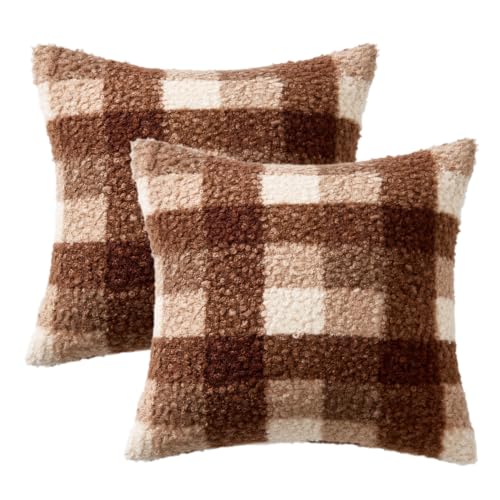 MIULEE Fall Plaid Pillow Covers Boucle Brown White 18x18 Set of 2 - color: Brown White, size: 18" x 18" (Pack of 2)
