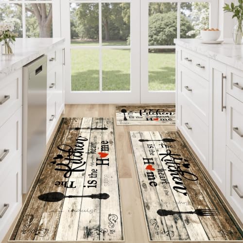 Non Slip Kitchen Mats for Floor Washable Kitchen Rugs 3 Piece,Coffe Wooden - color: Heart-coffe Wooden, size: 20"x32"+20"x48"+20"x59"