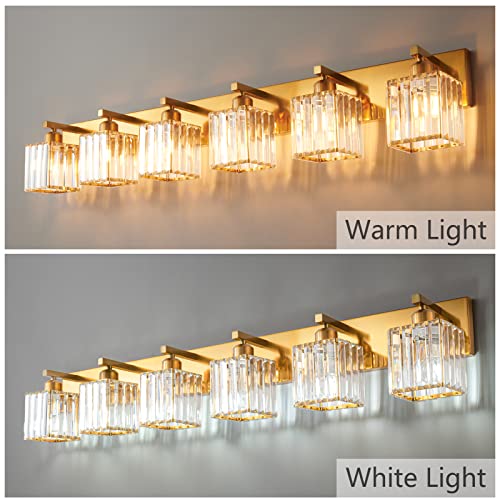Modern 6-Light Gold Brushed Brass Finish Crystal Wall Light for Bathroom Vanity - color: Gold Straight, size: 6-light