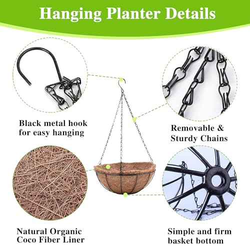 EIMQUVW 4 Pack Hanging Planter Basket with Coco Coin Liner 8 inch Hanging Flower Pots Outdoor Decorative Round Wire Plant Holder with Chain Metal Hanging Baskets for Plants Outdoor