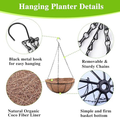 EIMQUVW 4 Pack Hanging Planter Basket with Coco Coin Liner 8 inch Hanging Flower Pots Outdoor Decorative Round Wire Plant Holder with Chain Metal Hanging Baskets for Plants Outdoor