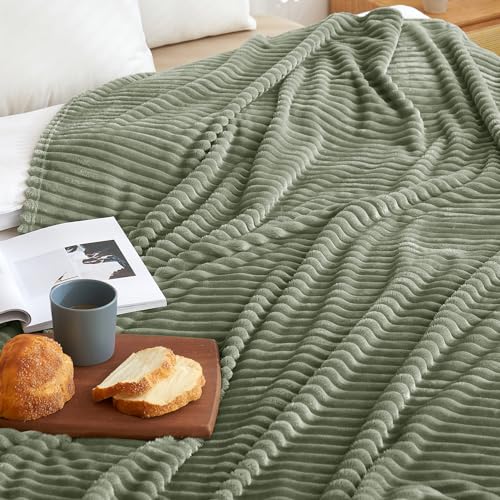 MIULEE Sage Throw Blanket 3D Ribbed Jacquard Fleece Flannel Velvet Plush Decorative Bed Blanket (Throw, 50" x 60") - Super Soft, Lightweight, Warm and Cozy for Couch Sofa - color: Sage, size: 50"x60"