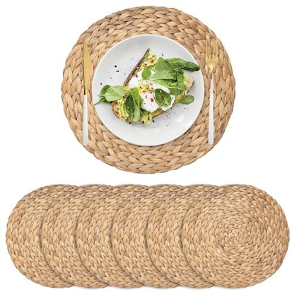6 Pack Woven Placemats, Round Wicker Placemats, Rattan Place mats, Natural Hand-Woven Water Hyacinth Table Mats, Braided Straw Table Mats for Dining Table (13.8 inch) - size: 13.8 inch Set of 6