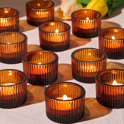 24 Pack Amber Tealight Candle Holders, Glass Votive Candle Holders - color: Amber, size: 1.3" x 2"