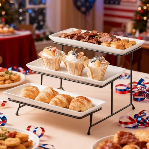 Gomakren 3 Tier Serving Trays Stand, 12 Inch White Rectangular Platters - color: Black, size: 15.9" x 11.7" x 9.1"