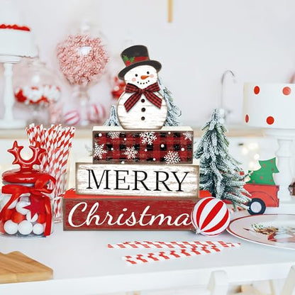 4 Pcs Christmas Table Decoration Snowman Wooden Block Merry Christmas Wood Centerpiece Xmas Red Buffalo Plaid Tabletop Sign Xmas Rustic Farmhouse Tiered Tray Decor for Winter Party Home Shelf Decor