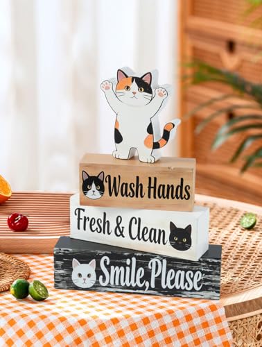 4 Pcs Cat Bathroom Decor Sign, Wooden Tabletop Decor for Bathroom - size: Cat wash hands