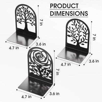 MaxGear Metal Book Ends 3pair, Heavy Duty Bookends for Shelves Decorative with 1pair Book Ends Tree Design Modern Bookends Non-Skid Bookend