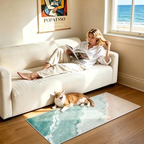 Beach Pattern 2x5ft Runner Rug Non Slip Washable Kitchen Runner Rug with Rubber Backing，Low-Pile Soft Washable Runner Rugs for Hallway Entryway Kitchen Bedroom Bathroom - color: Teal Beach, size: 2' x 5' (Rug)