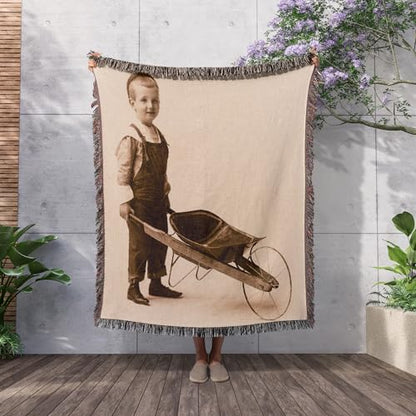 3dRose Vintage Cabinet Card Little Boy with Wheelbarrow Circa 1900 Woven Blanket