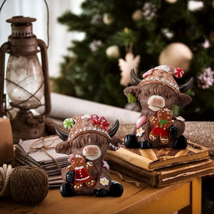 Karenhi 2 Pcs Highland Cow Figurines Resin, Gingerbread Christmas Decor - style: Gingerbread Man