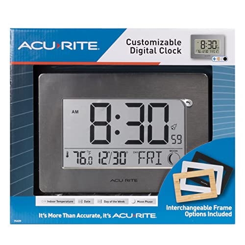AcuRite Wireless Digital Wall/Tabletop Clock with 4 Interchangeable Plastic Frames - Stainless Steel, Bamboo, Matte Black, and Matte White – with Date, Indoor Temperature, and Moon Phase (75439) - size: (Pack of 1)