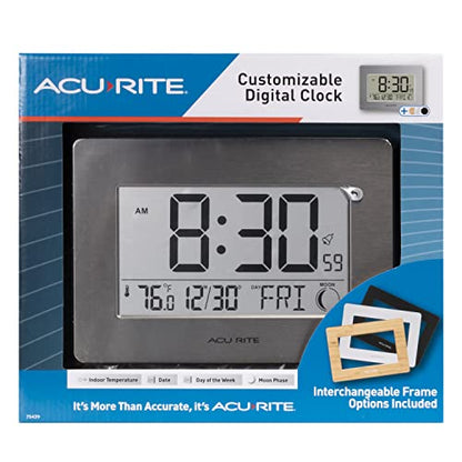 AcuRite Wireless Digital Wall/Tabletop Clock with 4 Interchangeable Plastic Frames - Stainless Steel, Bamboo, Matte Black, and Matte White – with Date, Indoor Temperature, and Moon Phase (75439) - size: (Pack of 1)