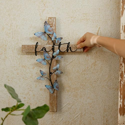 NIKKY HOME Wall Cross, Rustic Wooden Cross With Butterfly - color: Butterfly