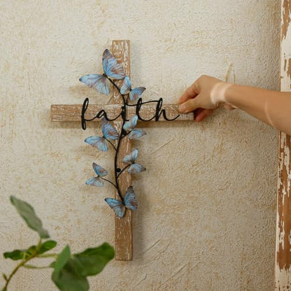 NIKKY HOME Wall Cross, Rustic Wooden Cross With Butterfly - color: Butterfly