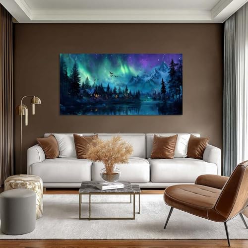 Aurora Borealis Northern Lights Canvas Wall Art Mountain Landscape Cabin Painting Flat Print Gallery Wrapped Night Sky Artwork for Living Room Bedroom Bathroom Decor, 40X20 INCH - color: Black Northern Lights Cabin 7, size: 40"L x 20"W, style: Mysterious