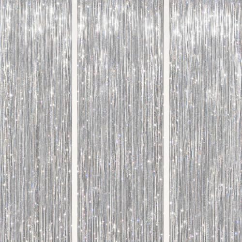 DECOCKRAT 3 Pack Foil Fringe Backdrop - Laser Silver Shiny Tinsel Curtains for Party Decoration/Photo Booth Props - 3.3x8.2 FT Metallic Foil Backdrop for Birthday, Wedding, Graduation, Christmas. - color: Laser Silver