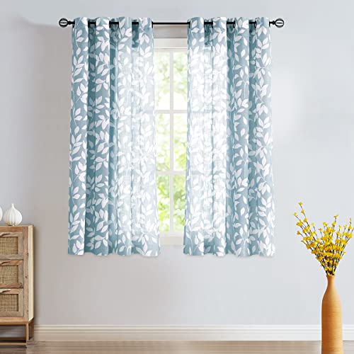 Blue White Leaf Semi Sheer Curtains for Kitchen Window Panels 52x54"L 2pcs - color: Blue, size: 52"W x 54"L (Pack of 2)