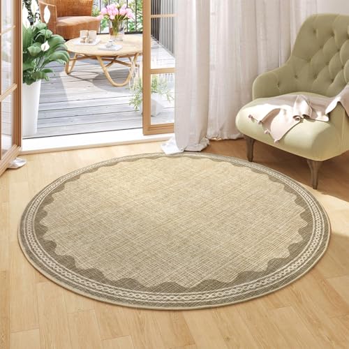 GarveeHome Scalloped Jute Print 4 ft Round Rug Washable Non-Slip Soft Ultra-Thin Small Circle Modern Cottage Core Solid Tan Carpet for Entryway Kitchen Bedroom Nursery Dining Room Tan - color: Jute, size: 4' (Round)