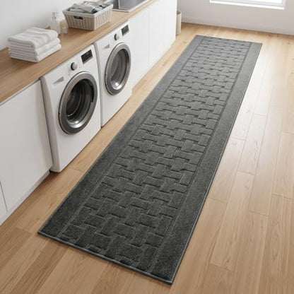 10 FT Long Non Slip Washable Runner Rug – 2'2" x 10' Custom Size Carpet Runner with Rubber Backing, Hallway Kitchen Bedroom Bathroom Floor Mat, Anthracite Dark Grey - color: Anthracite Labyrinth, size: 2'2" x 10' (Rectangular)