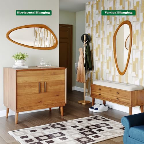 Mid Century Modern Mirror, 22x48 Inch Irregular Wall Mirror, Asymmetrical Wall Mirrors Full Length with Pine Wood Frame for Living Room Bathroom Entryway Hangs Horizontally or Vertically