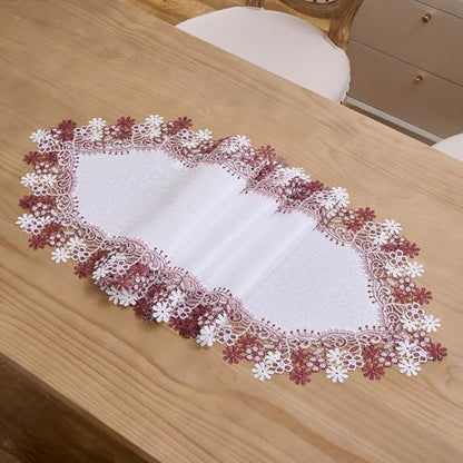 White Dark Red Floral Lace Table Runner Dresser Scarf (16” x48”) - size: 16” x48”