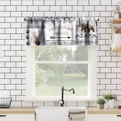Retro Cabin Valance Curtains,Rustic Hunting Theme Forest Animals Blackout Window Valance,Grey Plaid Check Farmhouse Print Short Window Treatments for Bedroom Living Room Kitchen,54x18in - color: Bear-4