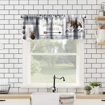 Retro Cabin Valance Curtains,Rustic Hunting Theme Forest Animals Blackout Window Valance,Grey Plaid Check Farmhouse Print Short Window Treatments for Bedroom Living Room Kitchen,54x18in - color: Bear-4