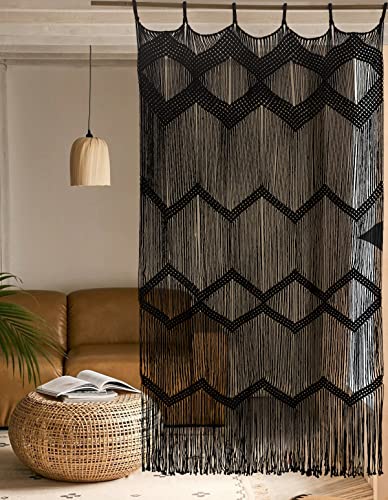 Macrame Curtain Handmade Black Boho Doorway window Divider 42"W*76"L - color: Black