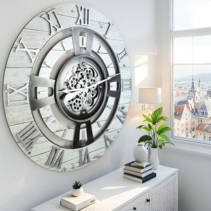 ImprovingLife The Gears Clock Real Moving Gear Wall Clock England Line (White Farmhouse, 36 inches (90 cm)) - color: White Farmhouse, size: 36 inches (90 cm)