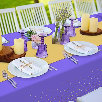 8Pack Disposable Plastic Tablecloths and Satin Table Runner Set Purple and Gold Dot Tablecloth Gold Satin Table Runner for Wedding Birthday Baby Shower Anniversary Christmas New Year Party Supplies - color: Purple and Gold, size: 8 Pack