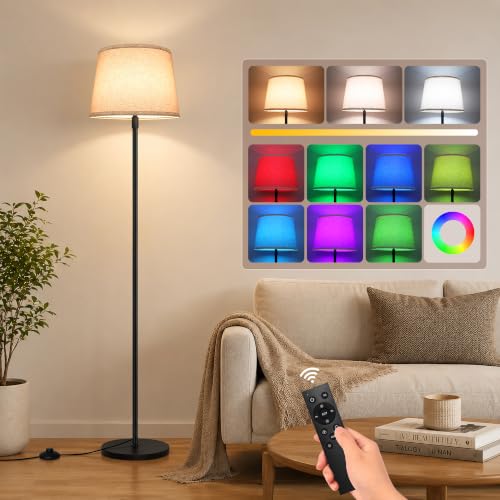 Ascher 2000LM Super Bright Floor Lamp, 18W LED Standing Lamp with 3000K-6000K & 7 RGB Colors, Remote & Foot Control, Dimmable Tall Lamp for Living Room Bedroom Office (Beige Flaxen Shade) - size: 63-69 Inches