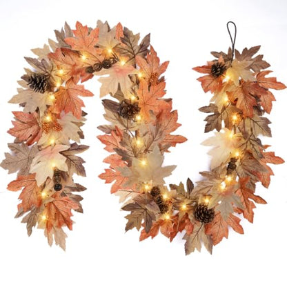 9 Ft Fall Garland with Lights & Timer, Thanksgiving Fireplace Mantel Decor - size: 9 Ft
